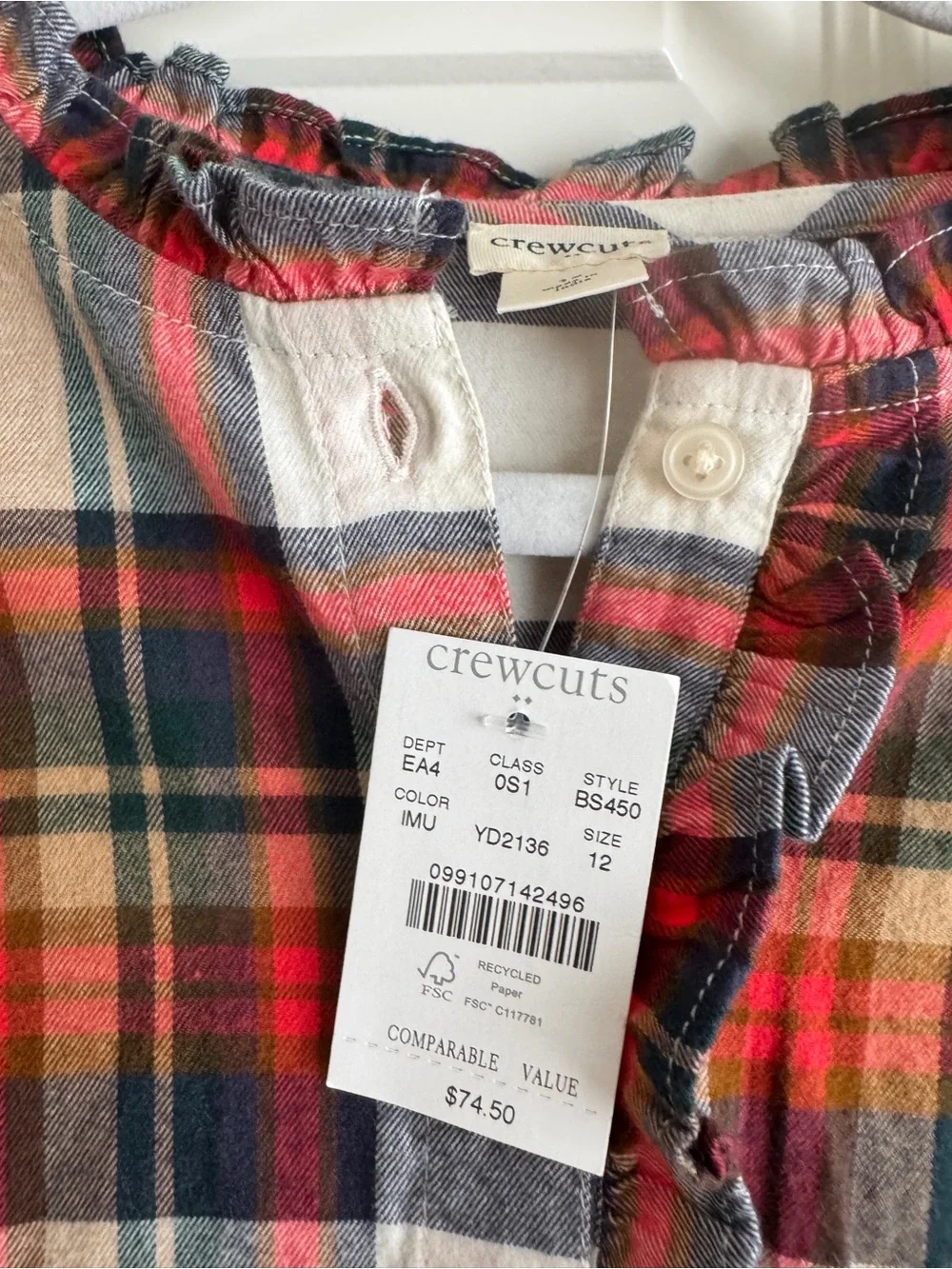 Crewcuts Girls Plaid Flannel Dress Size 12 Tie Waist Long Sleeve Holiday new nwt